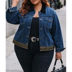 VTG AGAPO Denim Jacket 2X Velvet Collar Gold Brocade Y2K Western Plus NWT